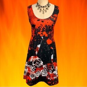 Bloody skull and rose print sleeveless pullover skater dress- L